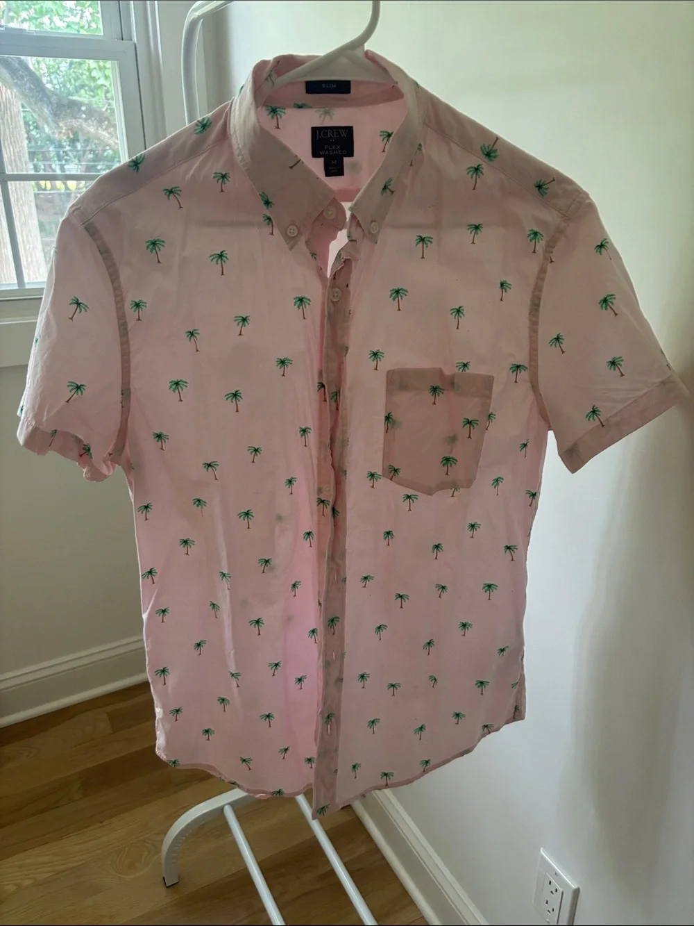 J. Crew Pink Short-Sleeve Button-Down with Green Palm Print